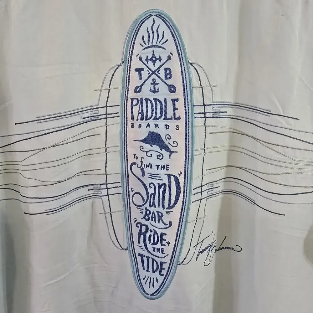 Tommy Bahama 100% Silk Surfboard Graphic Camp Shirt Men Medium Mint Blue